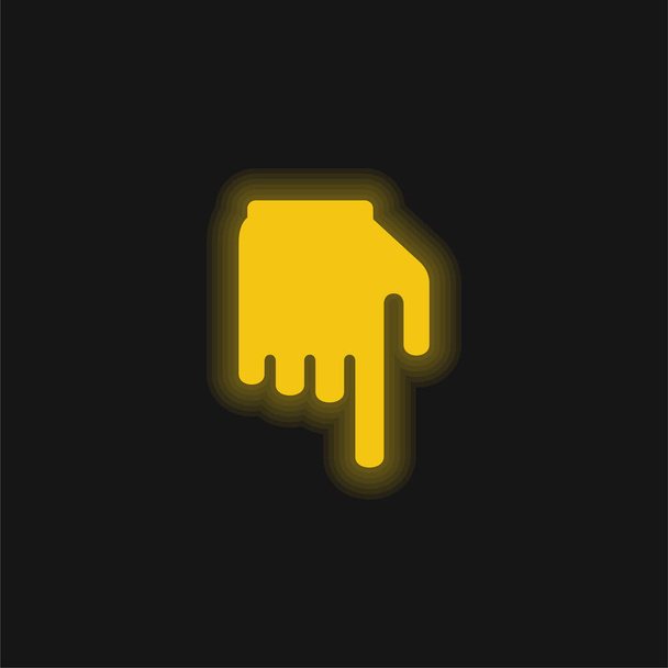 Mão preta com dedo apontando para baixo amarelo brilhante ícone de néon - Vetor, Imagem