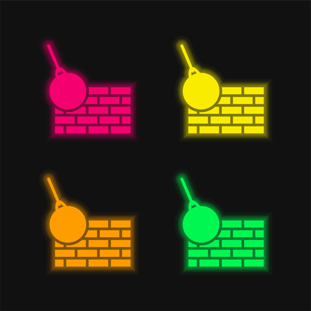 Ladrillos de pared y demolición bola de cuatro colores brillante icono de vectores de neón - Vector, Imagen