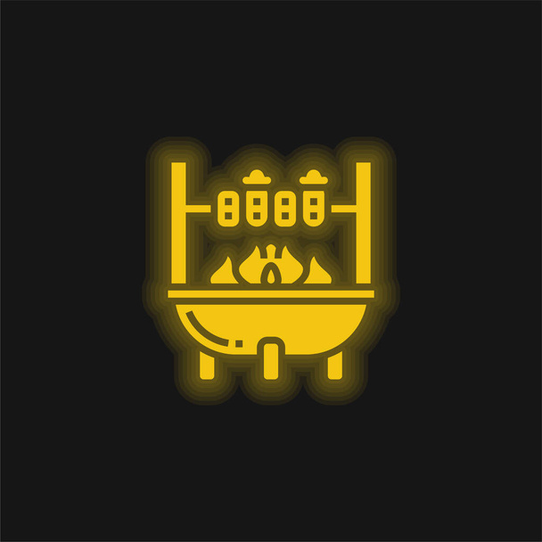 Желтая светящаяся неоновая икона барбекю - Вектор,изображение
