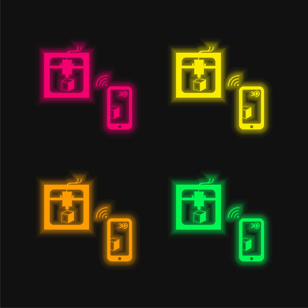 3D-Drucker mit Tablet durch drahtloses Signal vier Farben leuchtenden Neon-Vektorsymbol verbunden - Vektor, Bild