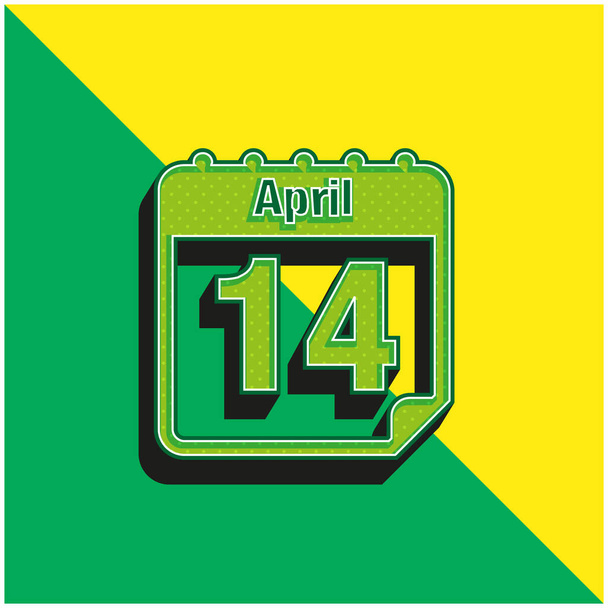 14 de abril Calendario Página Día Verde y amarillo moderno 3d vector icono logo - Vector, Imagen