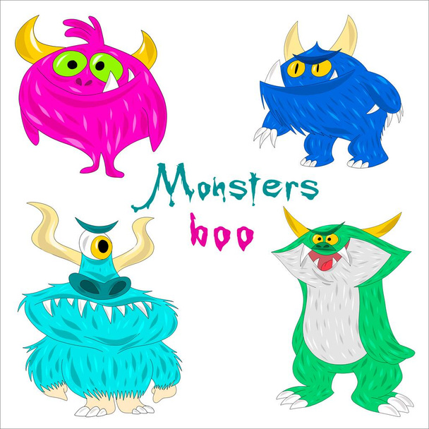 Collection of furry comic monsters. Colored Yeti or Goblins for Halloween or Party - Vektor, Bild
