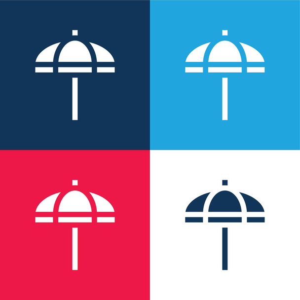 Paraguas de playa azul y rojo conjunto de iconos mínimo de cuatro colores - Vector, imagen