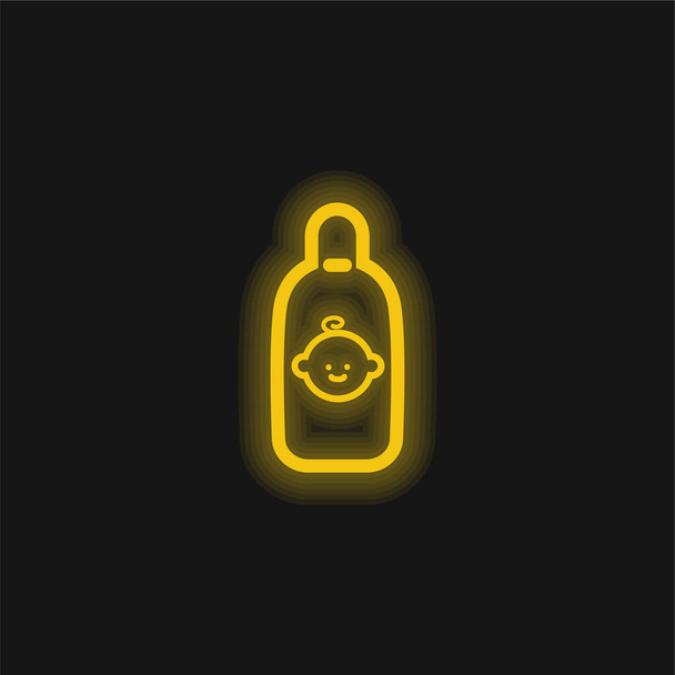 Μπουκάλι μωρό με το μωρό πρόσωπο κίτρινο λαμπερό νέον εικονίδιο - Διάνυσμα, εικόνα