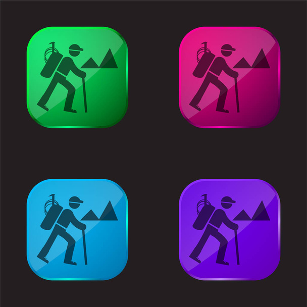 Backpacker Escursionismo quattro colori icona pulsante di vetro - Vettoriali, immagini