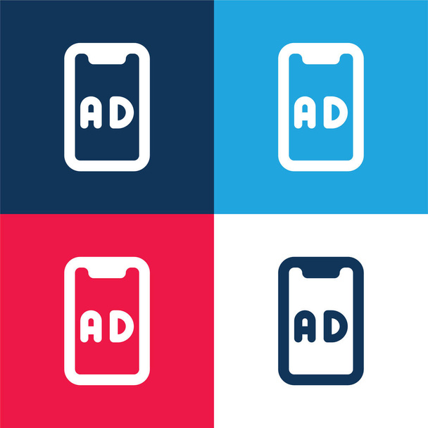 Διαφημίσεις μπλε και κόκκινο τεσσάρων χρωμάτων ελάχιστο σύνολο εικονιδίων - Διάνυσμα, εικόνα
