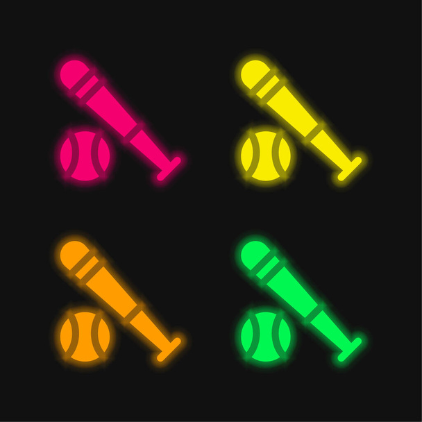 Baseballschläger vier Farben leuchtenden Neon-Vektor-Symbol - Vektor, Bild