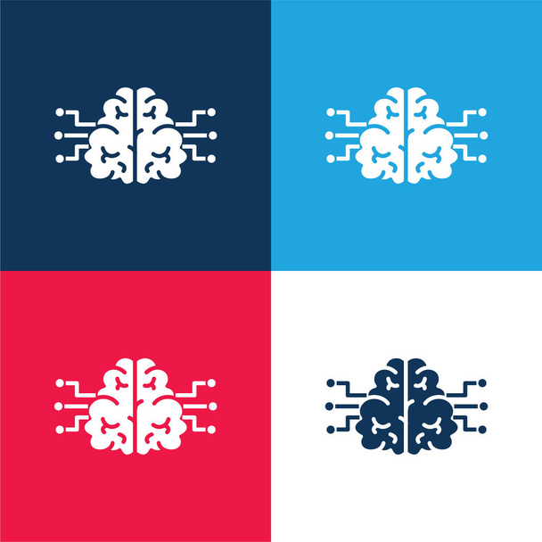 Брейн синий и красный четыре цвета минимальный набор значков - Вектор,изображение
