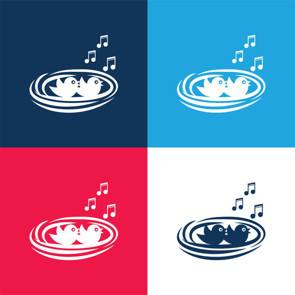 Спів пташки У гнізді синій і червоний чотири кольори мінімальний набір ікони - Вектор, зображення