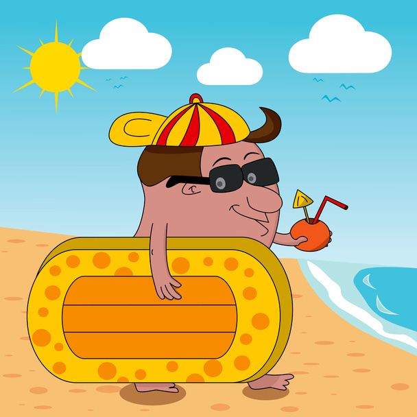Homem dos desenhos animados dirigindo-se para a praia com airbed e bebida
 - Vetor, Imagem