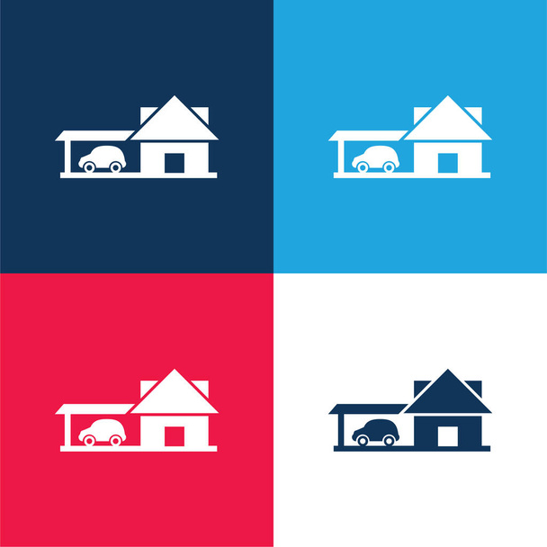 Большой дом с автомобилем Гараж синий и красный четыре цвета минимальный набор значок - Вектор,изображение