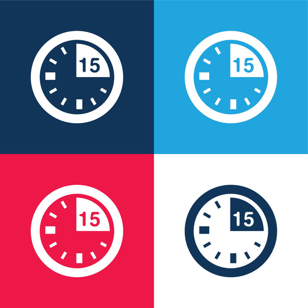 15 Minuten Mark On Clock blau und rot vier Farben minimalen Symbolsatz - Vektor, Bild