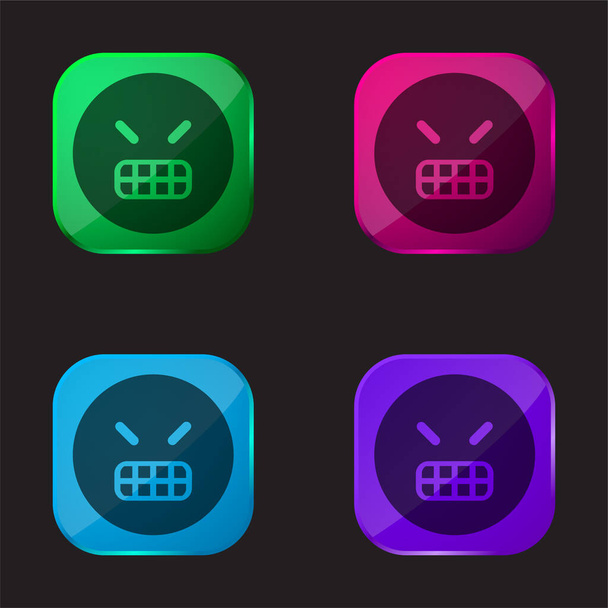 Emoticono enojado cara cuadrada icono de botón de cristal de cuatro colores - Vector, Imagen