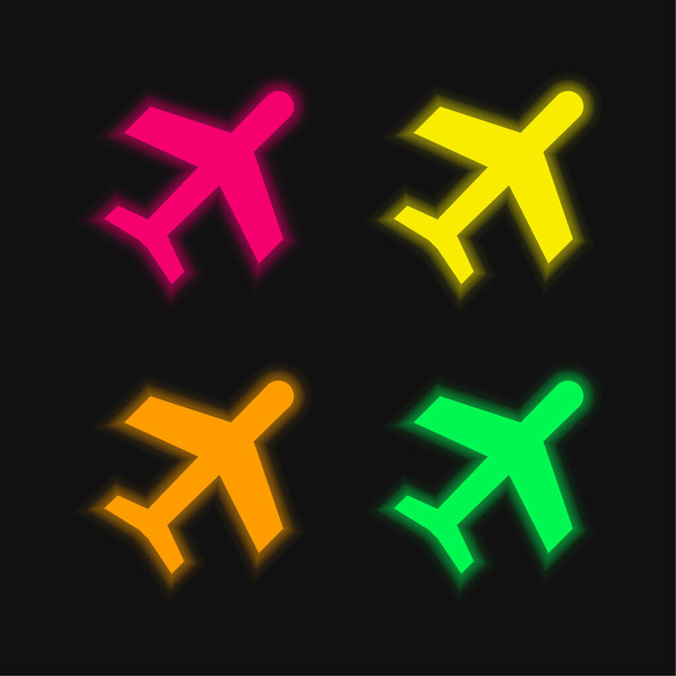 Repülőgép négy színű izzó neon vektor ikon - Vektor, kép