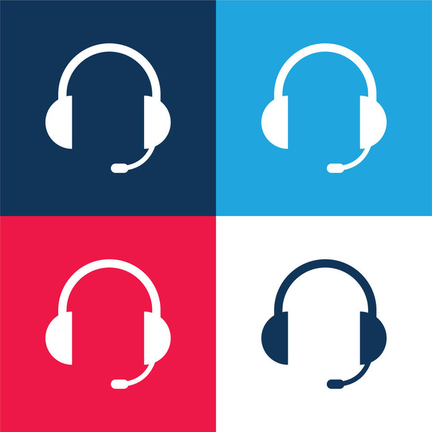 Ακουστικά Ακουστικά Auriculars με μικρόφωνο Περιλαμβάνονται μπλε και κόκκινο τεσσάρων χρωμάτων ελάχιστο σύνολο εικονιδίων - Διάνυσμα, εικόνα