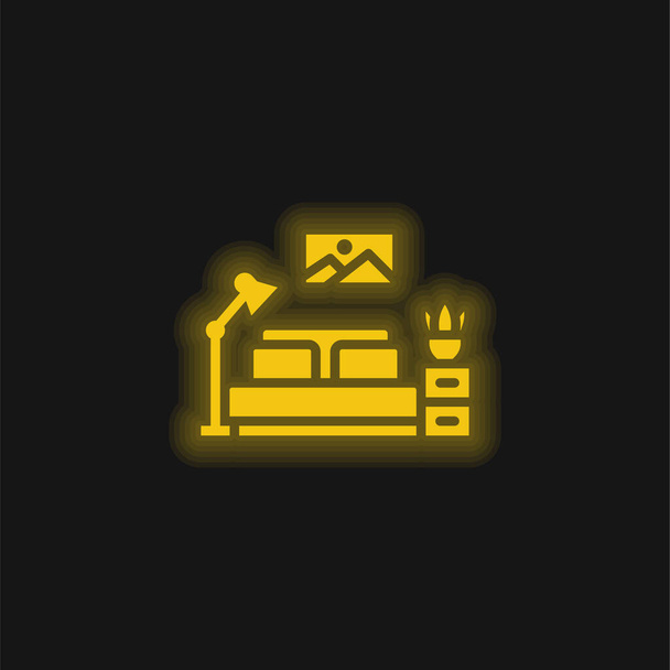 Yatak odası sarı parlak neon ikon - Vektör, Görsel