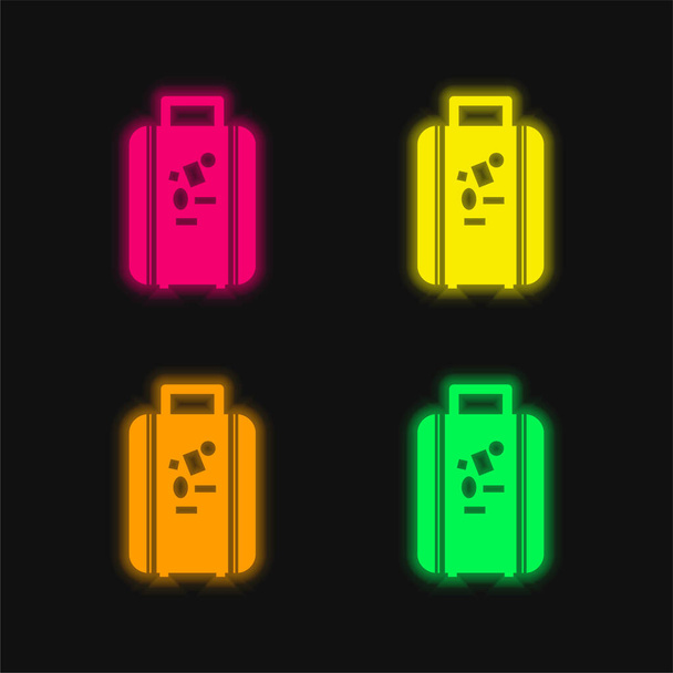 Saco para viagem ícone de vetor de néon brilhante de quatro cores - Vetor, Imagem