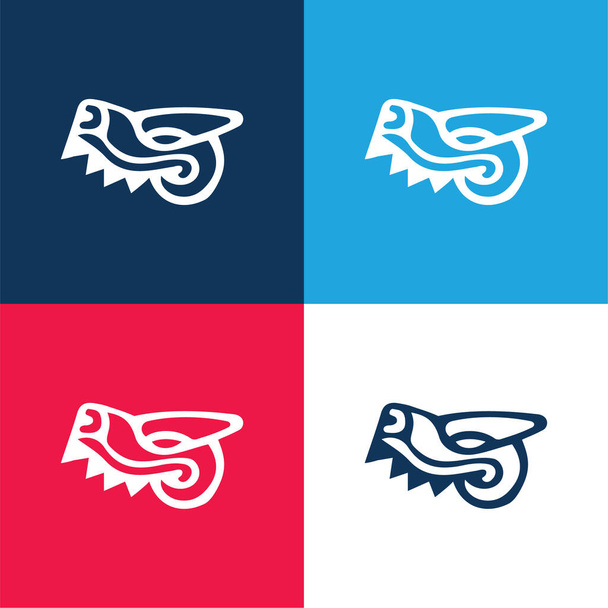 Animal Head Symbool van Mexico Antieke culturen blauw en rood vier kleuren minimale pictogram set - Vector, afbeelding