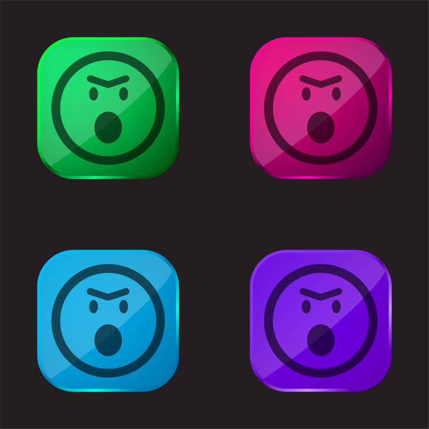Angry Emoticon Face with Opened Mouth In Rounded Square 4 color glass button - Вектор,изображение