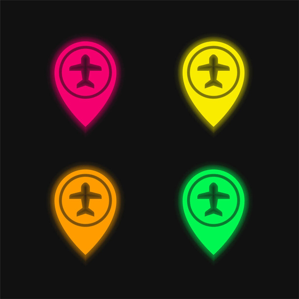 Flughafen vier Farbe leuchtenden Neon-Vektor-Symbol - Vektor, Bild