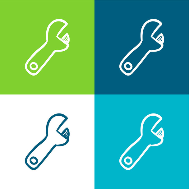 Herramienta de construcción dibujada a mano de llave ajustable Conjunto de iconos mínimo de cuatro colores plano - Vector, imagen