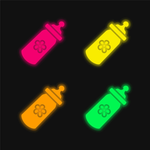 Bébé Bouteille quatre couleurs brillant icône vectorielle néon - Vecteur, image
