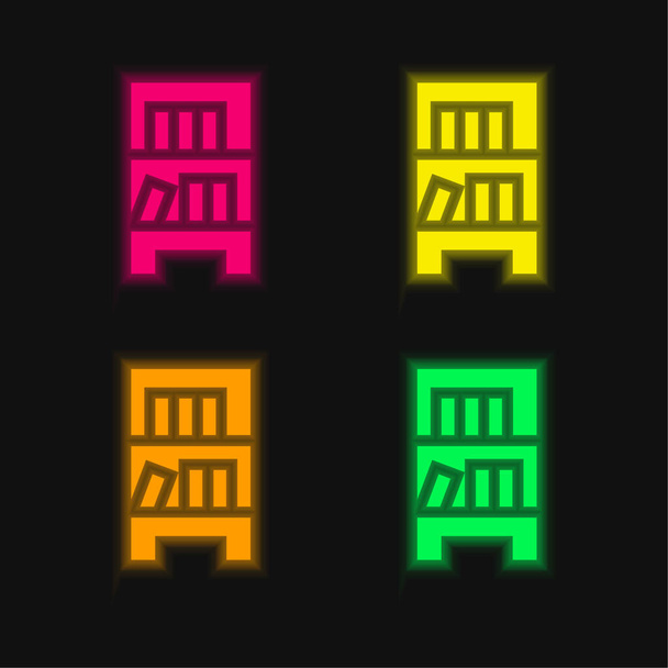 Bibliothèque quatre couleurs rougeoyantes icône vectorielle néon - Vecteur, image