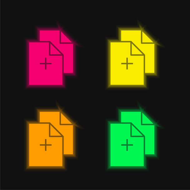 Añadir Documentos cuatro color brillante icono de vectores de neón - Vector, Imagen