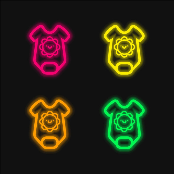 Baby Onesie Outline With Smiling Sun four color glowing neon vector icon - Vector, Image