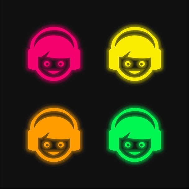 Boy With Headphones four color glowing neon vector icon - Vector, Image