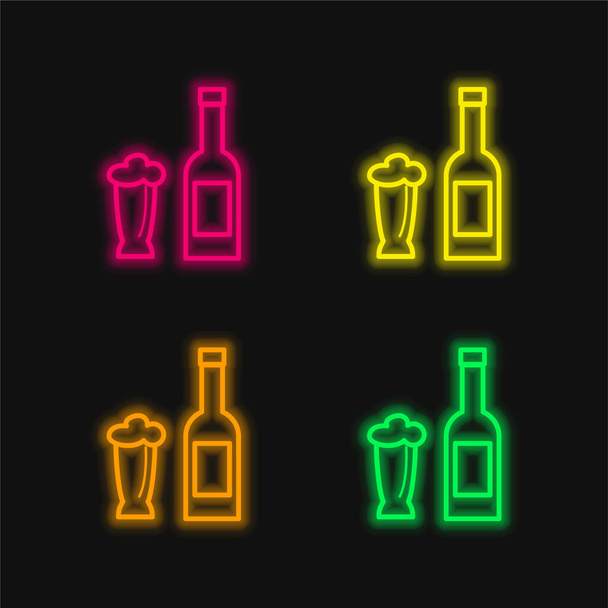 Bierflasche und Glas vier Farben leuchtenden Neon-Vektor-Symbol - Vektor, Bild