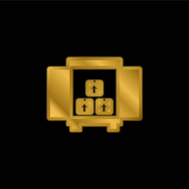 Almacenamiento de cajas para la entrega dentro de una caja de camiones desde la vista posterior chapado en oro icono metálico o vector de logotipo - Vector, imagen