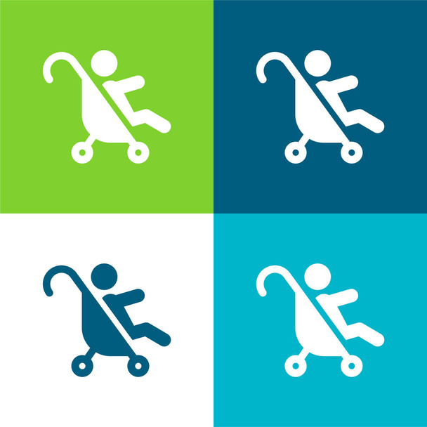 Baby Stroller Flat conjunto de iconos mínimos de cuatro colores - Vector, imagen