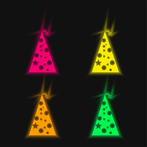 Sombrero de cumpleaños con puntos y estrellas de cuatro colores brillante icono de vectores de neón - Vector, Imagen
