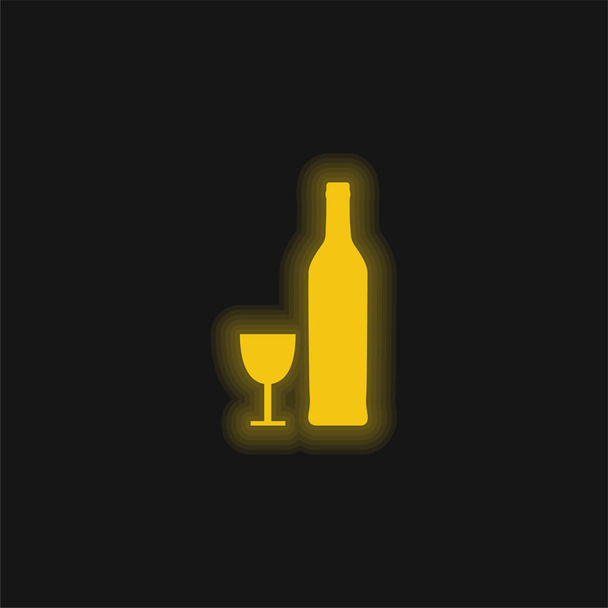 Botella y vidrio formas amarillo brillante icono de neón - Vector, Imagen