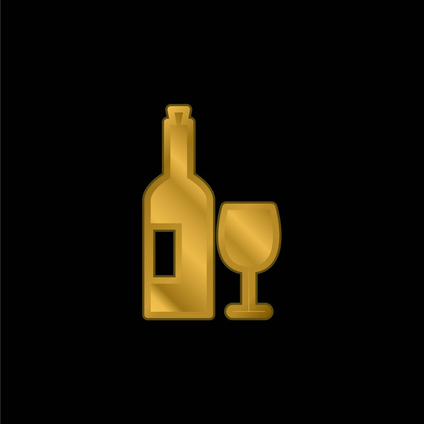 Пляшка і скло вина золотиста металева ікона або вектор логотипу
 - Вектор, зображення