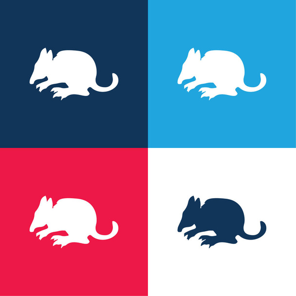 Bandicoot Mammal Silhouette Vue de côté bleu et rouge quatre couleurs ensemble d'icône minimale - Vecteur, image