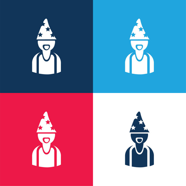 星の青と赤の4色の最小アイコンセットと帽子を身に着けている占星術師 - ベクター画像