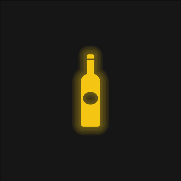 Botella de forma grande oscura con etiqueta ovalada amarillo brillante icono de neón - Vector, imagen