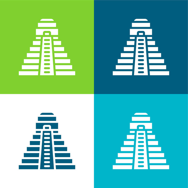Pirámide Azteca Conjunto de iconos mínimo de cuatro colores - Vector, Imagen