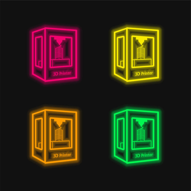 Imprimante 3d quatre couleurs brillant icône vectorielle néon - Vecteur, image