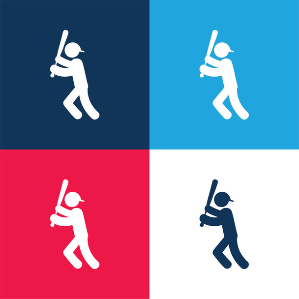 Jugador de béisbol con murciélago azul y rojo conjunto de iconos mínimo de cuatro colores - Vector, imagen
