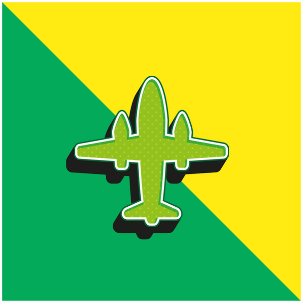 2つの大きなエンジンを搭載した飛行機緑と黄色の近代的な3Dベクトルアイコンのロゴ - ベクター画像