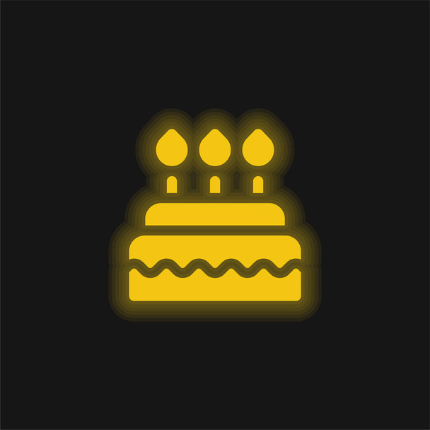 Syntymäpäivä kakku keltainen hehkuva neon kuvake - Vektori, kuva