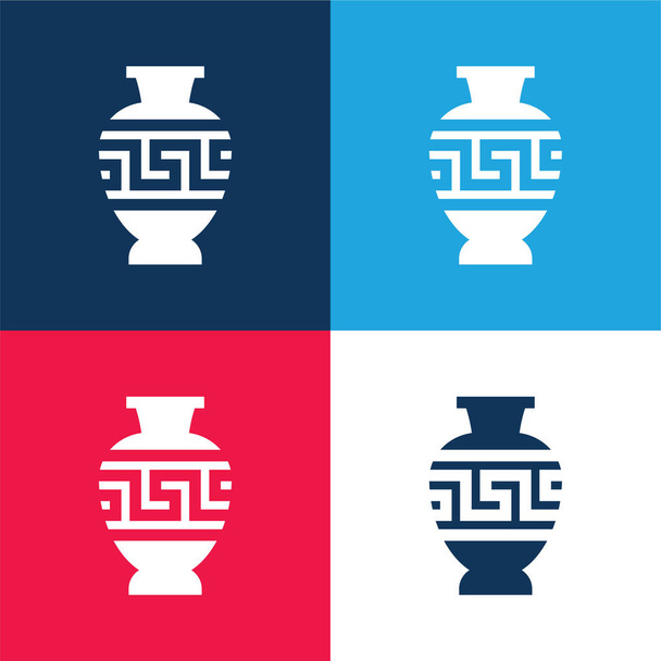 Ánfora azul y rojo conjunto de iconos mínimo de cuatro colores - Vector, Imagen