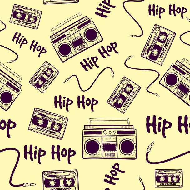 Motif vintage sans couture avec de vieux éléments hip hop de musique. Fond répétitif avec boomboxes, cassettes et câbles. Art rétro nostalgique des années 90 et 80 avec dispositifs hiphop. - Vecteur, image