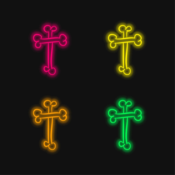 Knochen Kreuz Religiöse Halloween-Zeichen Umriss vier Farbe leuchtenden Neon-Vektor-Symbol - Vektor, Bild