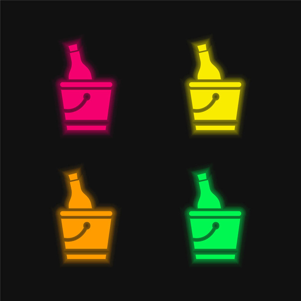 Botella y cubo de hielo de cuatro colores brillante icono de vectores de neón - Vector, imagen