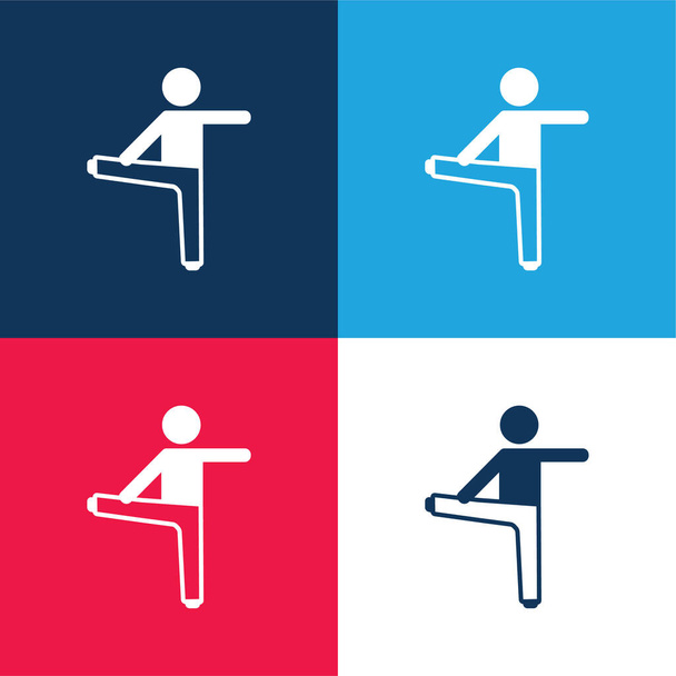 Chłopiec rozciągający prawą nogę i lewe ramię niebieski i czerwony zestaw czterech kolorów minimalny zestaw ikon - Wektor, obraz