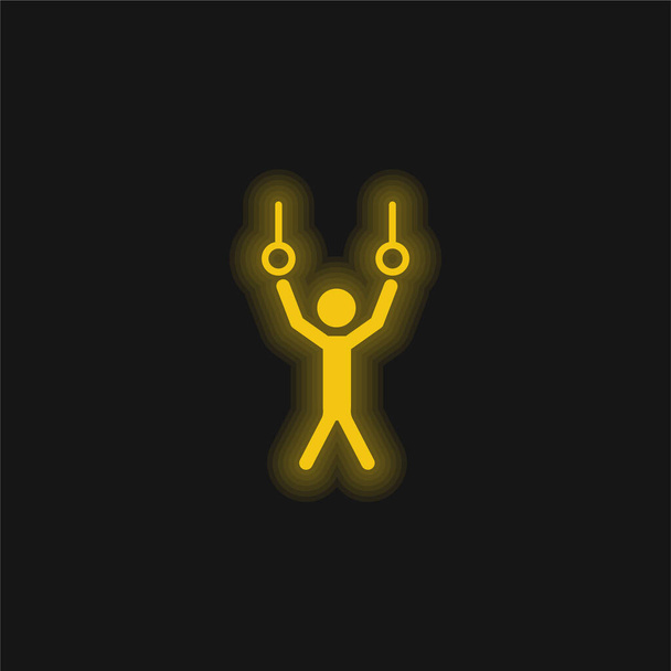 リングのアスリートぶら下がり体操黄色の輝くネオンアイコンを練習する - ベクター画像